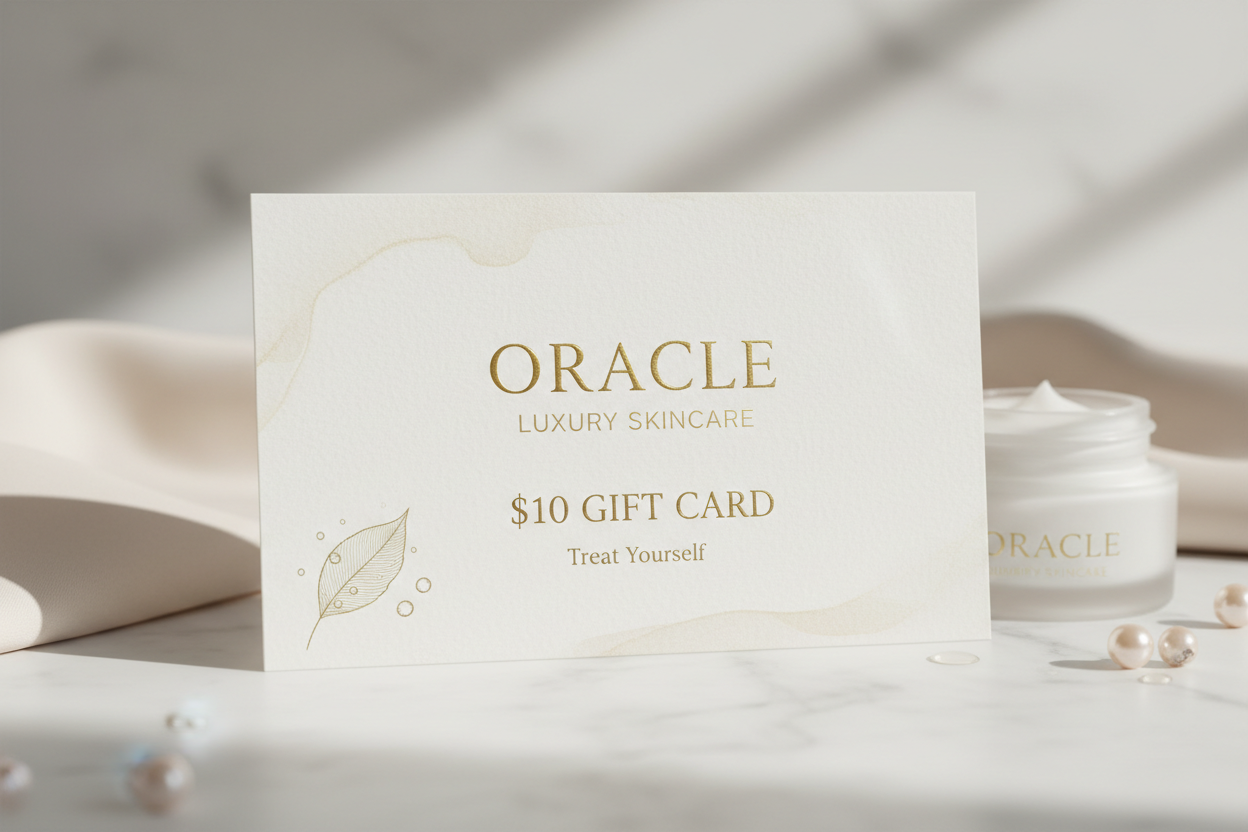 generate a $10 gift card media for a skincare face cream high end brand called Oracle, gift cards range from $10, $25, $50, $100, it should be more and more fancy the higher the price is.